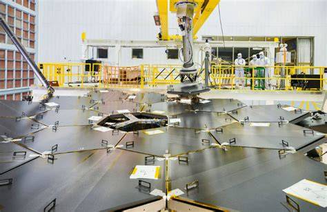 Primární zrcadlo JWST složené z 18 hexagonálních segmentů (pozlacení, Kapton E)